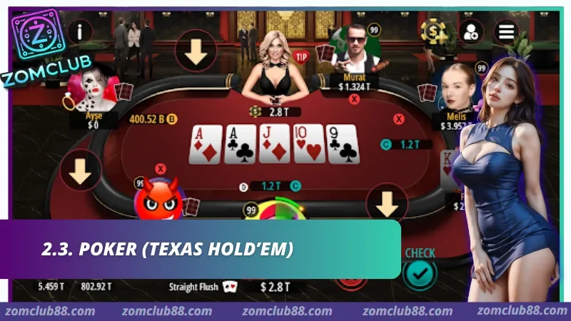 Hình ảnh Game Bai Doi Thuong Zomclub 2 trong bài viết Game Bài Đổi Thưởng Zomclub - Cách Chọn Trò Phù Hợp 2026. Người chơi chọn Poker trong nhóm game bài đổi thưởng Zomclub theo chiến thuật và mức vốn phù hợp
